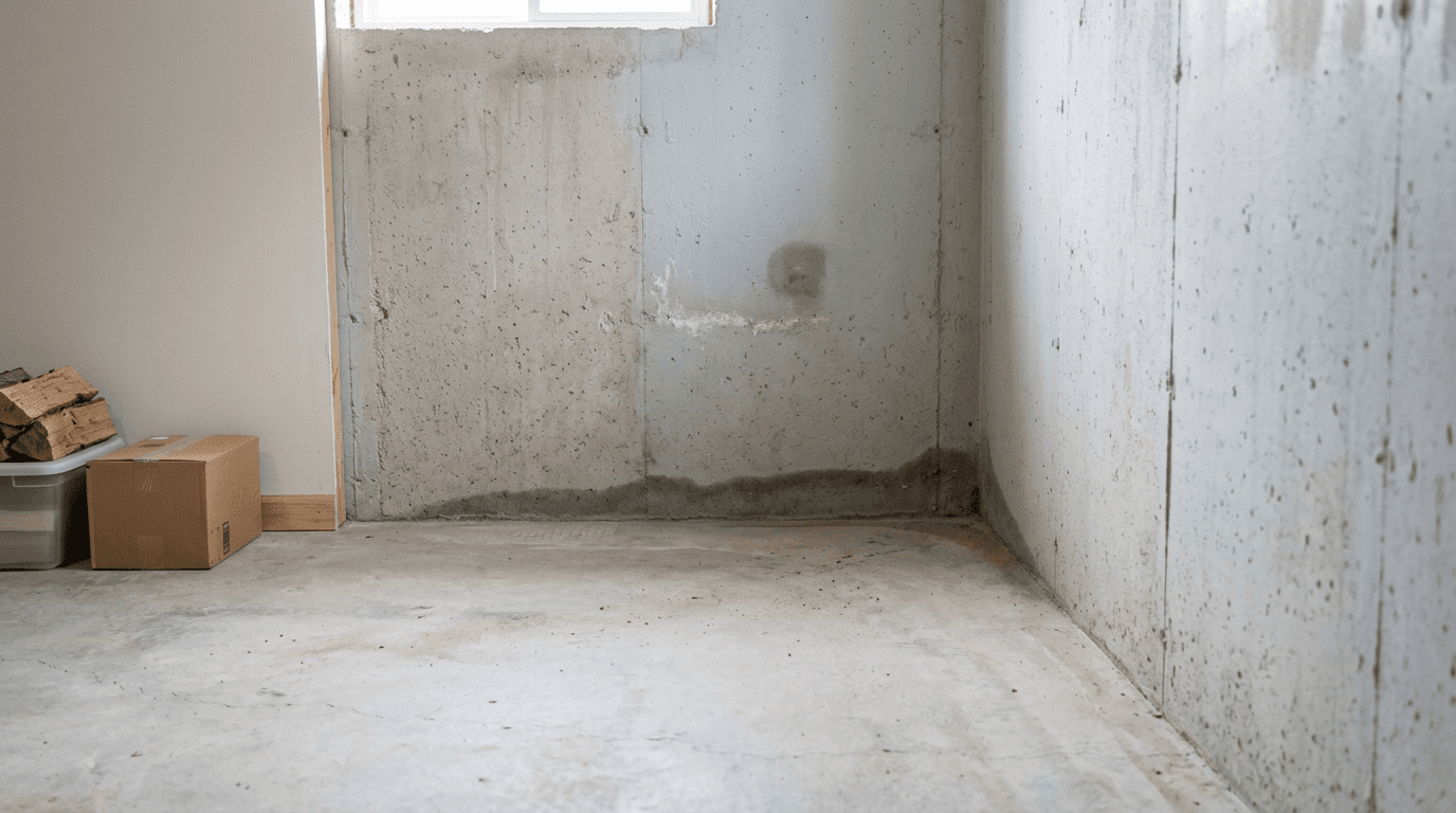Coin de sous-sol avec légère humidité visible au bas du mur