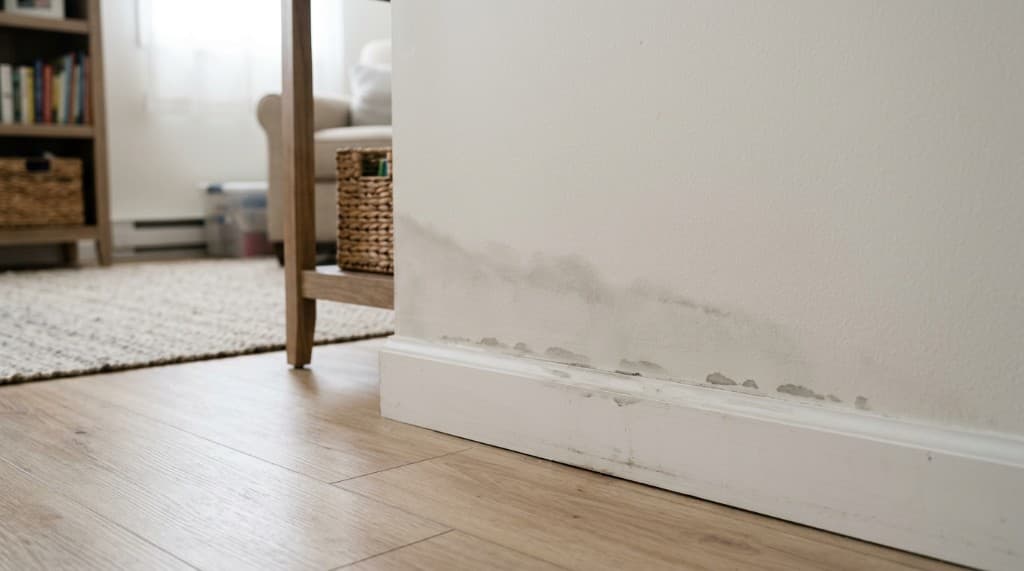 Sous-sol fini avec trace discrète d'humidité au bas du mur