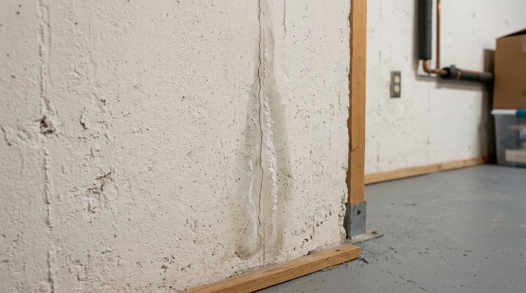 Petite fissure de fondation avec trace d'infiltration sur le béton